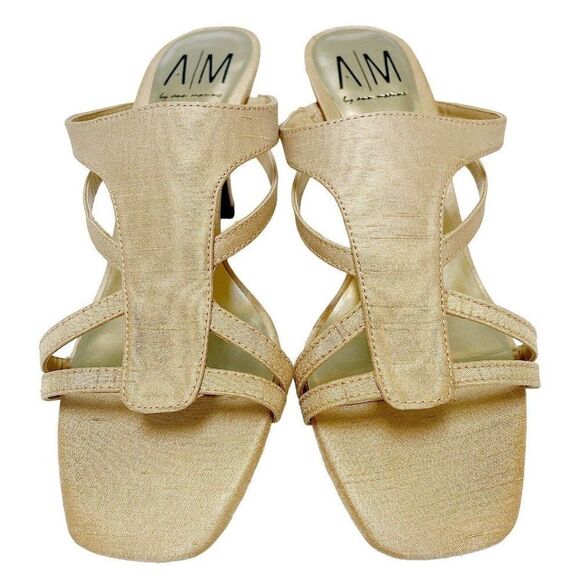 A/M by Ann Marino vintage gold open toe slip on cut out square toe heeled sandal - Picture 7 of 8